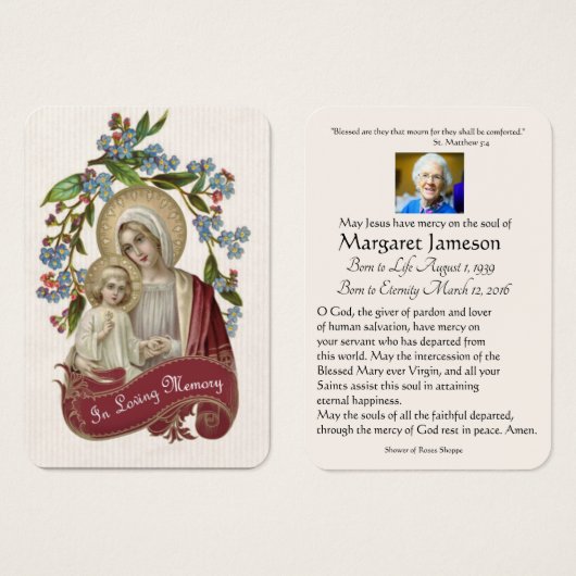 Maagd Mary Katholieke begrafenis Memorial Heilige Visitekaartje (Voorkant /achterkant)