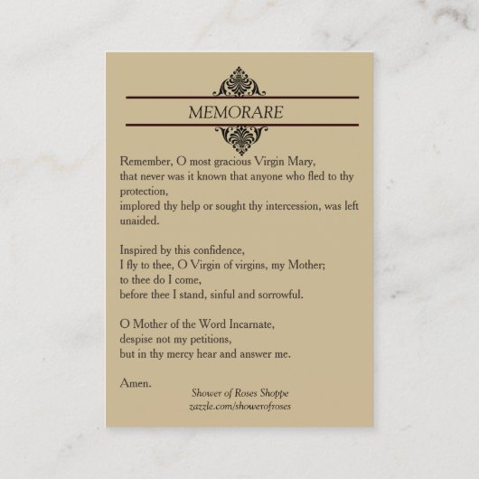 Maagd Mary Memorare Heilige Kaart zonder blote voe Visitekaartje (Achterkant)