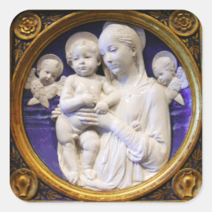 MAAGD MET KIND EN ENGELEN Blauw Wit Kerstmis Vierkante Sticker