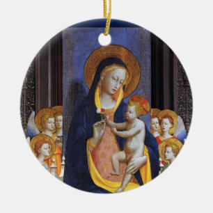 MAAGD MET KIND EN HEILIGEN ,Blauwe saffier Keramisch Ornament