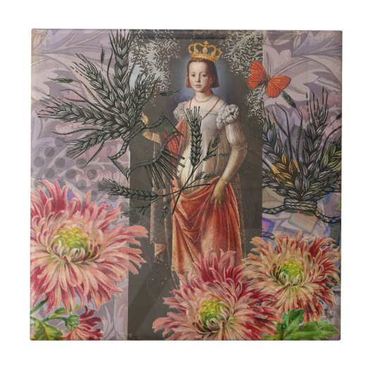 Maagd Vrouw Portret Antiek Kleurrijke Rijk Tegeltje (Voorkant)
