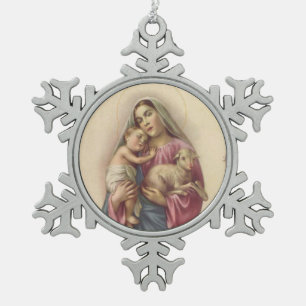 Maagd zonder blozen Mary Moeder Baby Jesus & Lamb Tin Sneeuwvlok Ornament