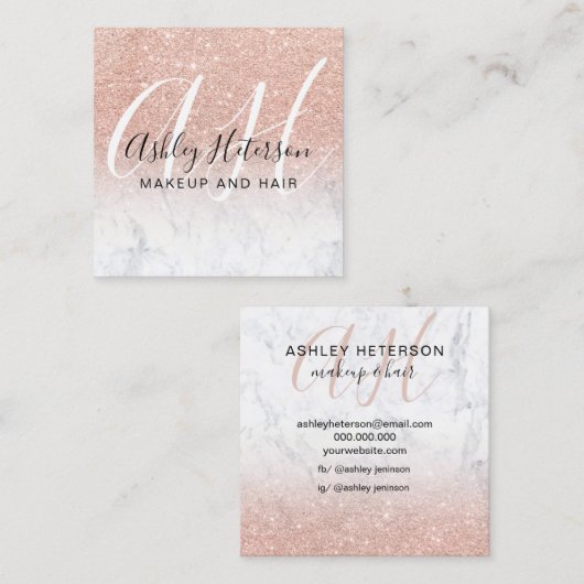 Maagdarm roos goud glitter script monogram vierkante visitekaartje (Voorkant / Achterkant)