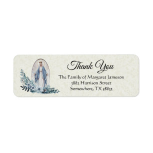 Maagdelijke Mary Blue Flowers Lace Etiket