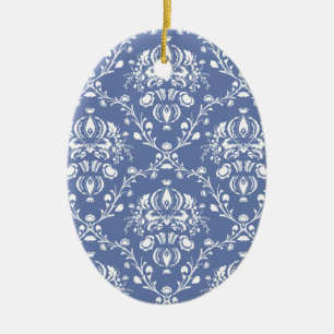 Maagdenpalm Blauw en Wit Damast Keramisch Ornament