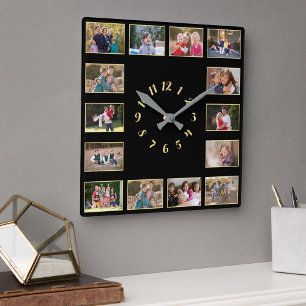 Maak een familiestuk van 14 foto's in collage met  vierkante klok