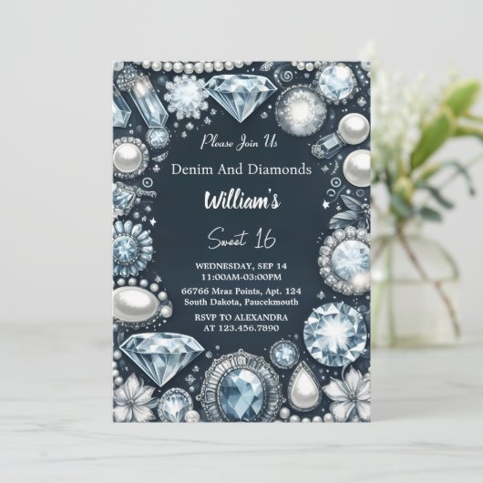 Maak Elegant Gem Bling Denim en Diamonds Sweet 16 Kaart (Staand voorkant)