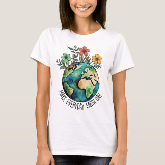 Maak elke dag aarde dag | Bloemige aarde aquarel T-shirt