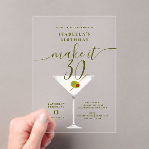 Maak het 30 Olijf Dirty Martini 30e Verjaardagsfee Acryl Uitnodigingen
