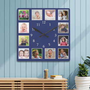Maak je eigen 12 familiefotocollage blauw vierkante klok