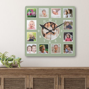 Maak Je Eigen 13 Familie Foto Collage Sage Groen Vierkante Klok