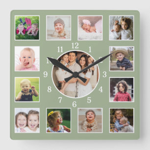 Maak Je Eigen 13 Familie Foto Collage Sage Groen Vierkante Klok