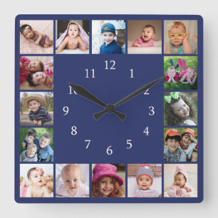 Maak je eigen 16 familiefoto collage blauw vierkante klok