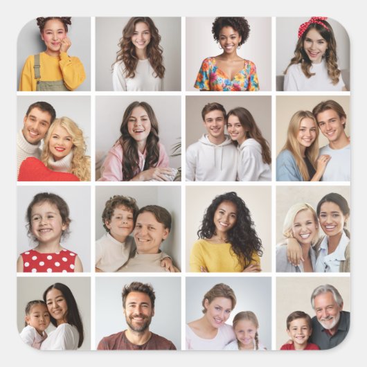 Maak Je Eigen 16 Foto Collage Vierkante Sticker (Voorkant)