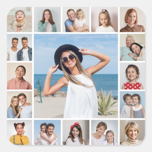 Maak Je Eigen 17 Foto Collage Vierkante Sticker (Voorkant)