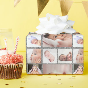 Maak Je Eigen 6 Foto Collage Zilver Glitter Cadeaupapier