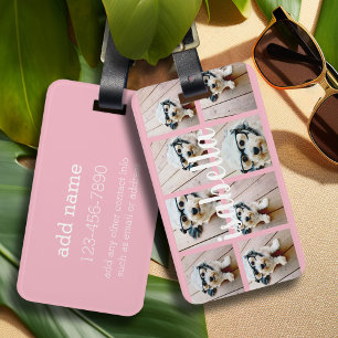 Maak je eigen 8 foto collage aangepaste naam roze bagagelabel