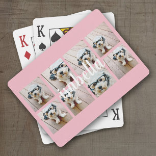 Maak Je Eigen 8 Foto Collage Aangepaste Naam Roze Pokerkaarten
