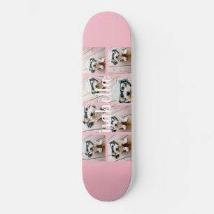 Maak Je Eigen 8 Foto Collage Aangepaste Naam Roze Skateboard