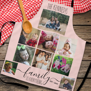 Maak je eigen 9 foto collage familienaam roze schort