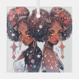 Maak Je Eigen Afro-Amerikaanse Vrouw Tweelingen Glas Ornament