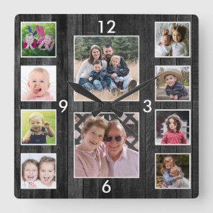 Maak Je Eigen Collage Met 10 Foto's Zwart Hout Vierkante Klok