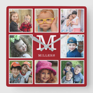 Maak je eigen collage met 8 foto's Monogram Rode Vierkante Klok