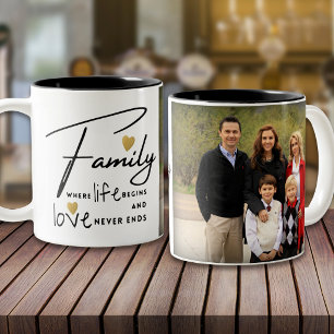 Maak Je Eigen Familie Liefdescitaat Foto Aandenken Tweekleurige Koffiemok