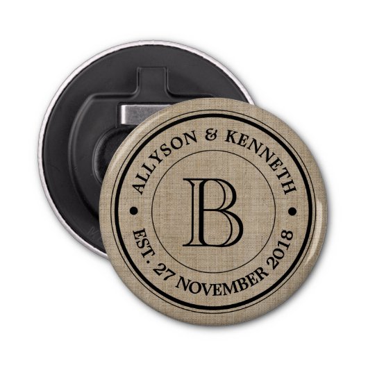 Maak je eigen Logo monogram Burlap Retro Button Flesopener (Voorkant)