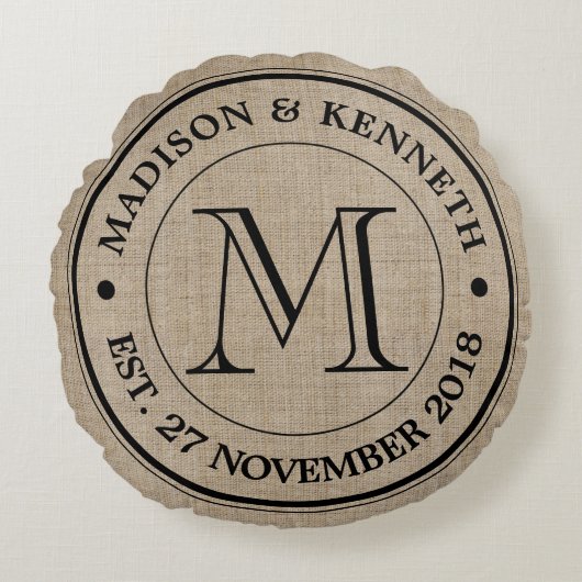 Maak je eigen Logo monogram Burlap Retro Rond Kussen (Voorkant)