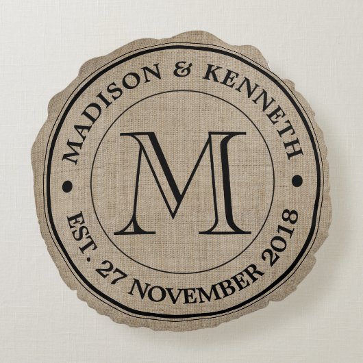 Maak je eigen Logo monogram Burlap Retro Rond Kussen (Achterkant)