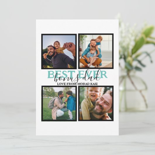 Maak je eigen moderne bonus vader 4 foto collage feestdagenkaart (Staand voorkant)