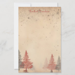 Maak Je Eigen Retro Besneeuwde Rode Grijze Bomen Briefpapier