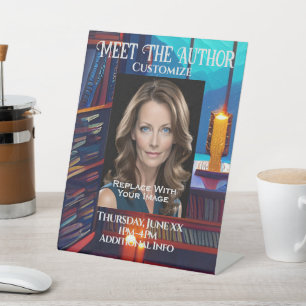 Maak kennis met de achtergrond van de auteurbiblio reclamebord met voetstuk