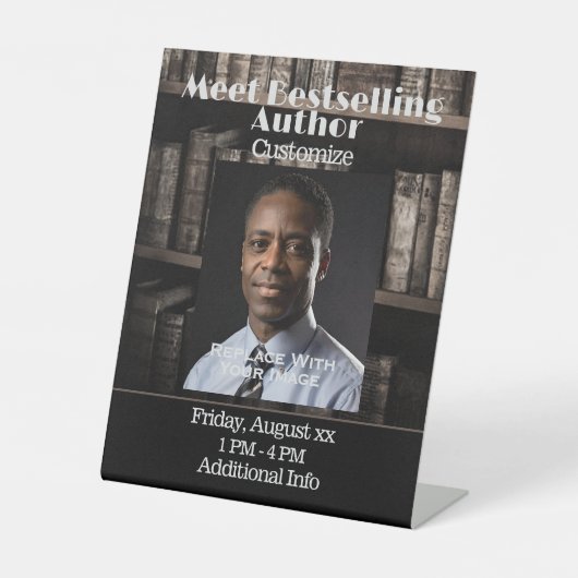 Maak kennis met de auteur boekenplank achtergrond  reclamebord met voetstuk (Voorkant)