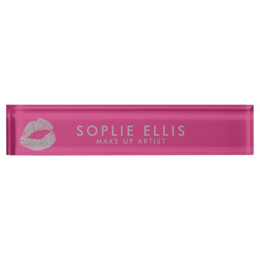 Maak Silver Glitter Lips Roze Personaliseer Naam Naambordje (Voorkant)