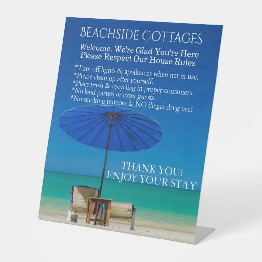 Maak uw eigen huisregels voor een strandgastverbli reclamebord met voetstuk (Voorkant)