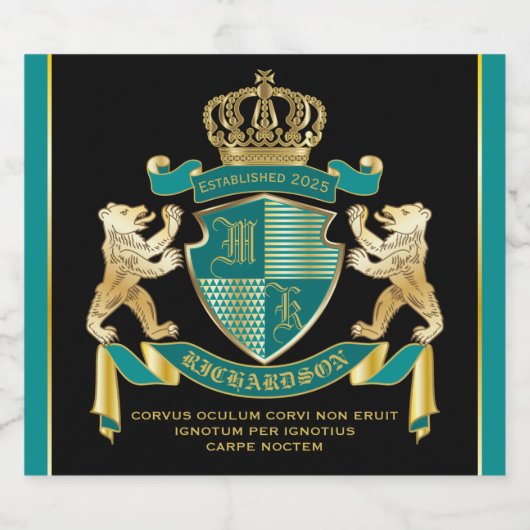 Maak uw eigen wapen Blauwgroen gouden Beer Sparkling Wijnetiket (Enkel label)