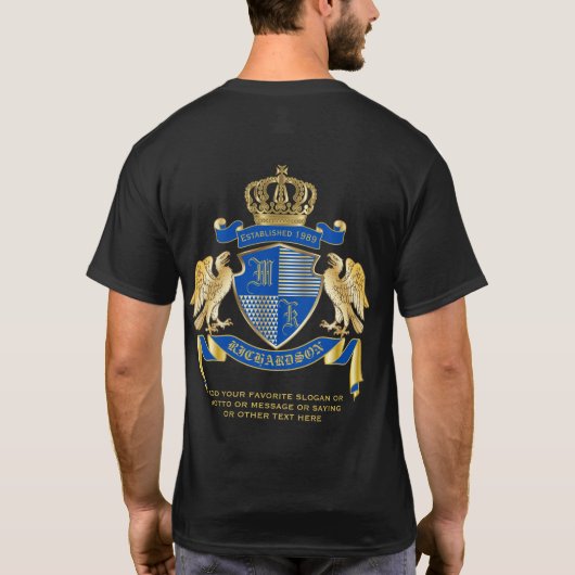 Maak uw eigen wapenkat blauw-goudblauw-elemanje t-shirt (Achterkant)