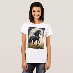 Maan Elegantie: Zwarte Fantasy Paard met Maan T-shirt