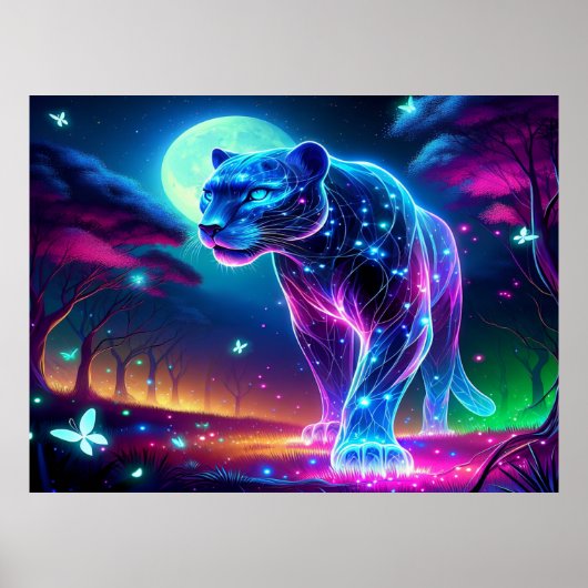 Maan en Panther Holografisch Neon Kleurrijk | Poster (Voorkant)