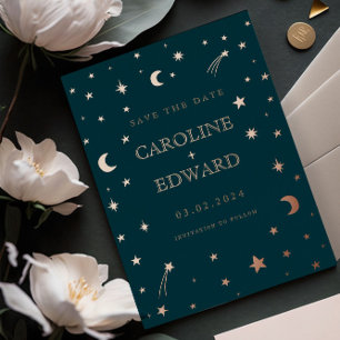 Maan en sterren hemelse sterrenbeeld gouden bruilo folie uitnodiging