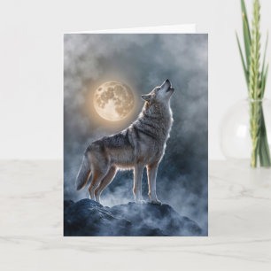 Maan en wolf in nevelmist mystiek tijdens winterso kaart