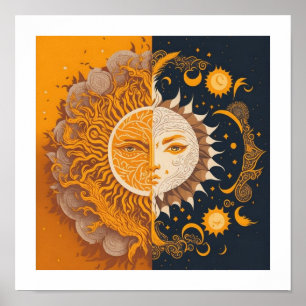 Maan en Zon, esoterisch, Astrologie boho fan Poster