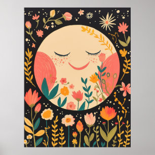 Maan Nachtelijke Hemel Boho Bloem Illustratie Poster