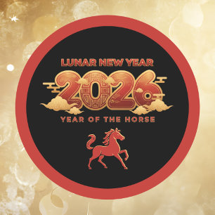 Maan Nieuwjaar 2026 Jaar van het Paard Rood Zwart Ronde Sticker