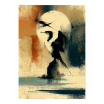 Maan Perikan Japanse Sumi-E Abstract Pelikaan Muur