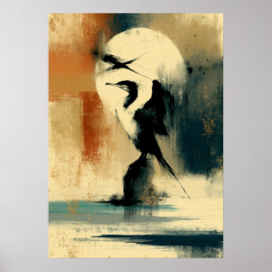 Maan Perikan Japanse Sumi-E Abstract Pelikaan Muur Poster