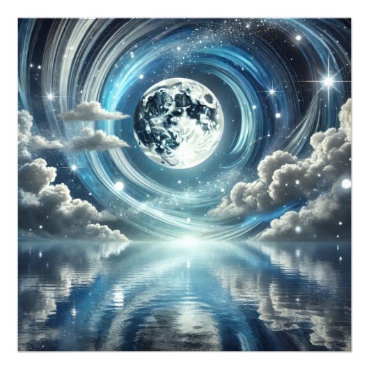 Maan reflecteert blauw licht foto afdruk (Voorkant)