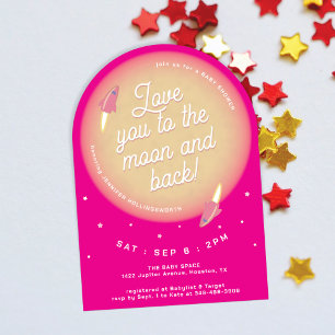Maan, sterren en raketten roze baby shower kaart
